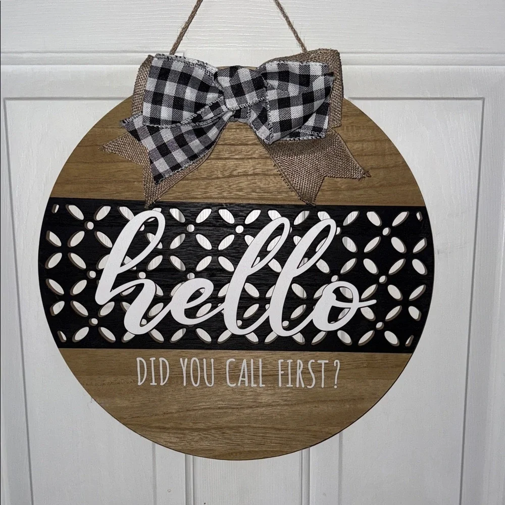 Huntington Home Tan and Black Circle Sign with Checkered Bow